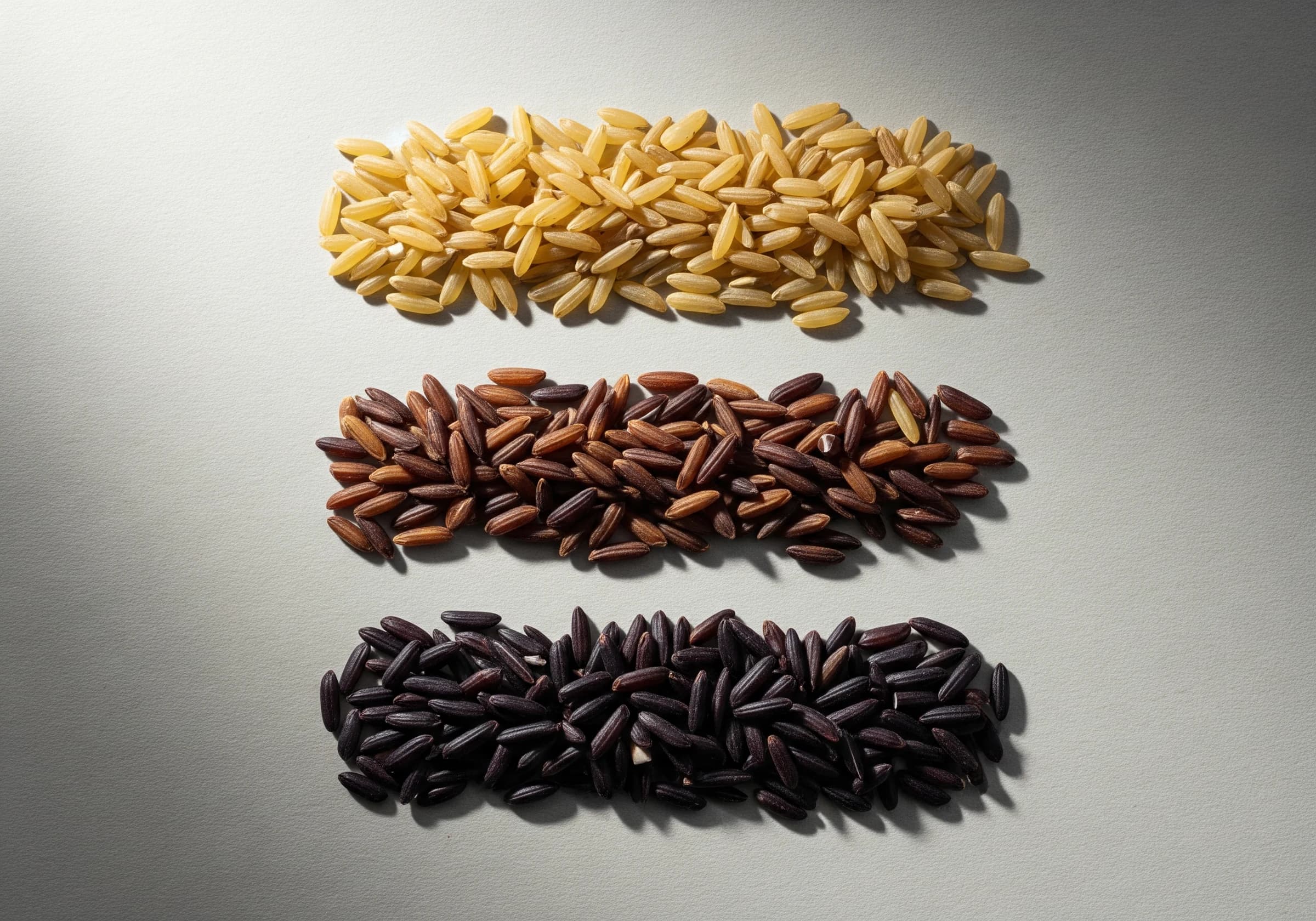 三色の籾を並べた古代米変異株の標本
